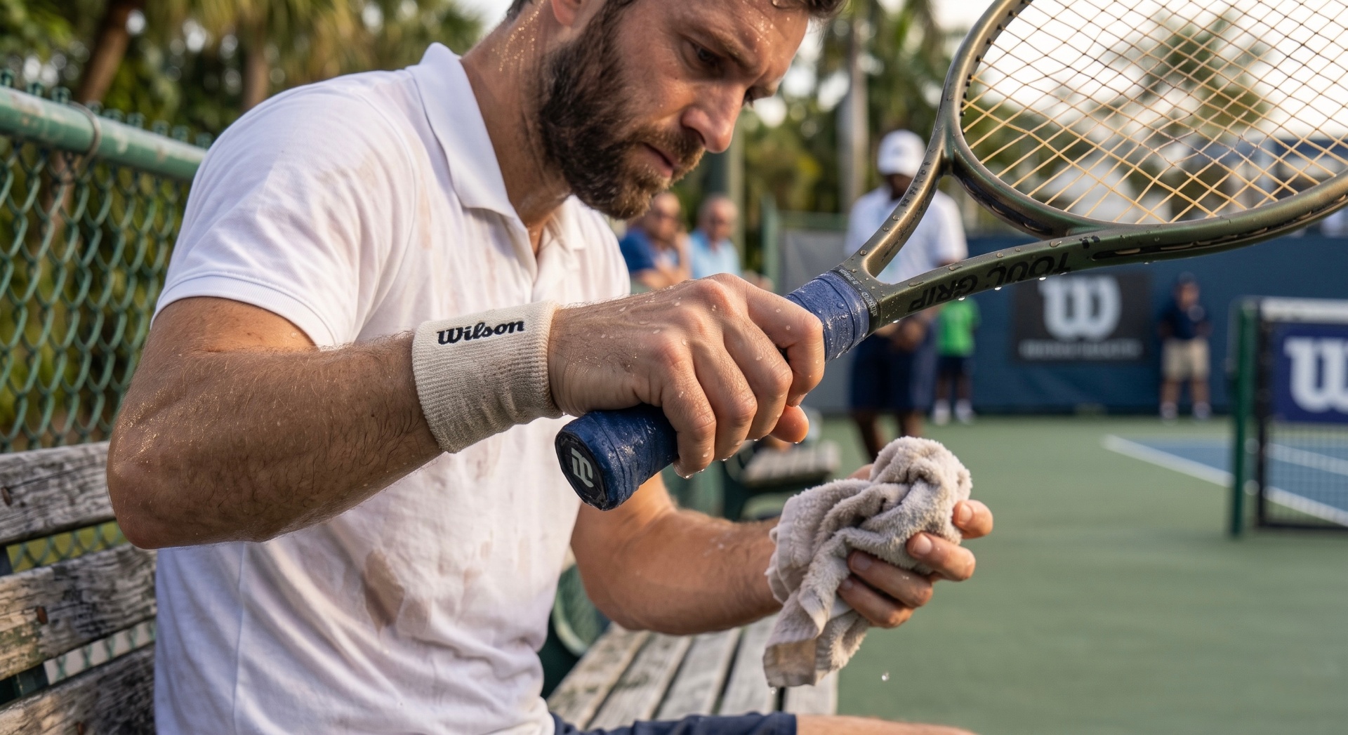 Racket-sport player wiping a damp racket grip with a towel courtside