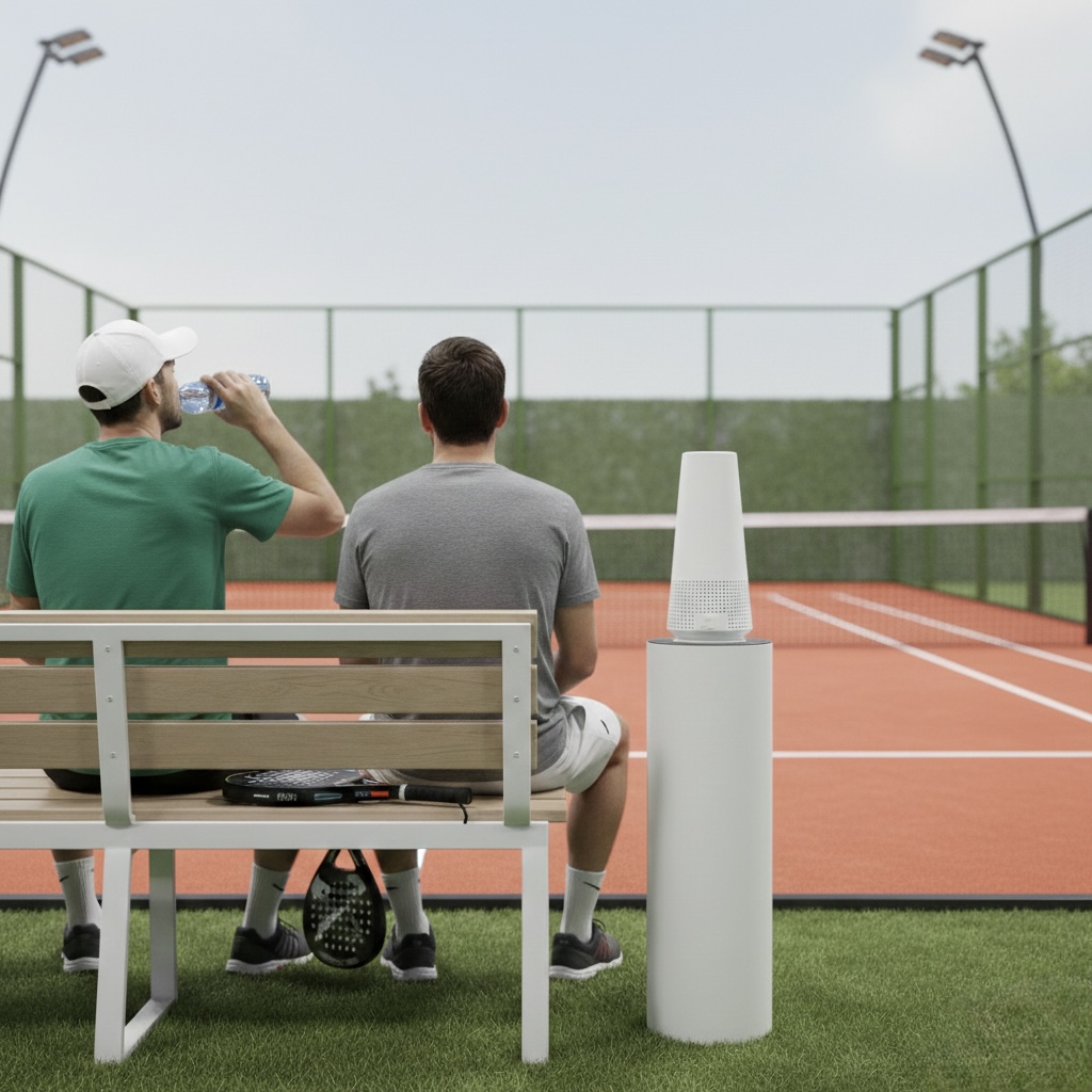 Two players resting courtside with a DryPoint device beside the bench